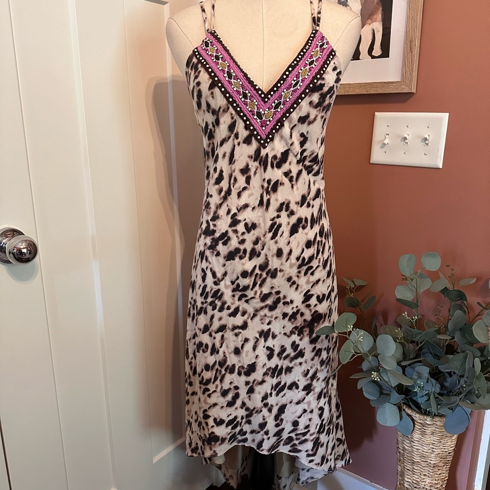 Haute Hippie leopard print embroidered vneck 100% silk crisscross S midi dress - Picture 5 of 16